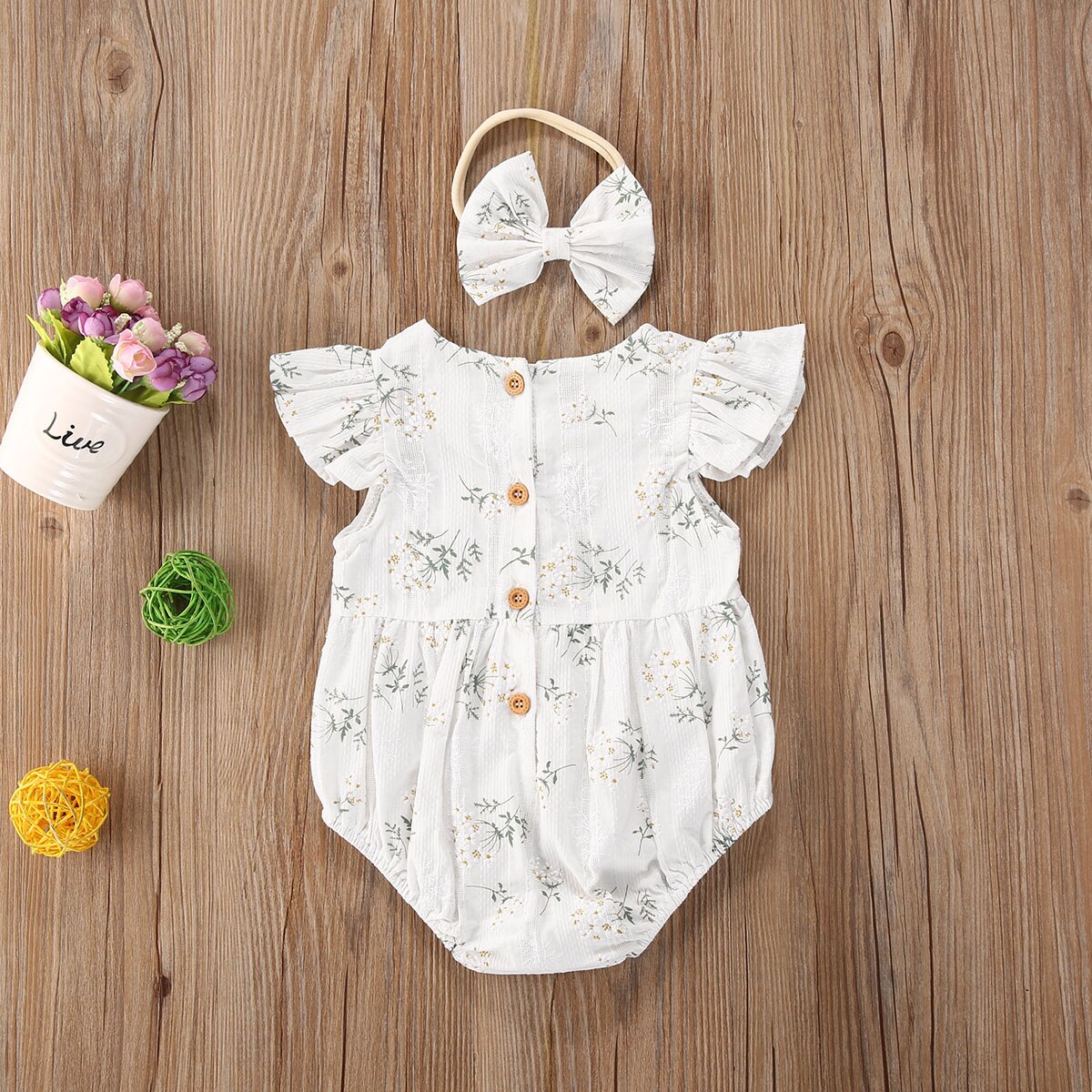 Pasgeboren Baby Baby Meisjes Jongens Bodysuits Bloemen Print Ruches Korte Mouwen Katoenen Mooie Jumpsuits Hoofdband