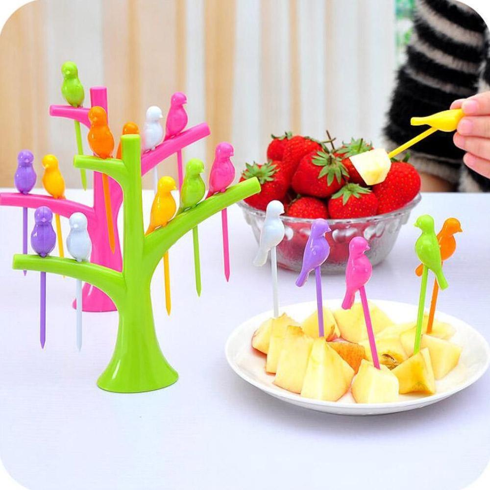 1 Stand+6 Forks Toothpick Fruit Tool Kitchen Gadget Birds Tree Birdie Fruit Fork Cartoon Tree Shape Party Fork Tableware Set