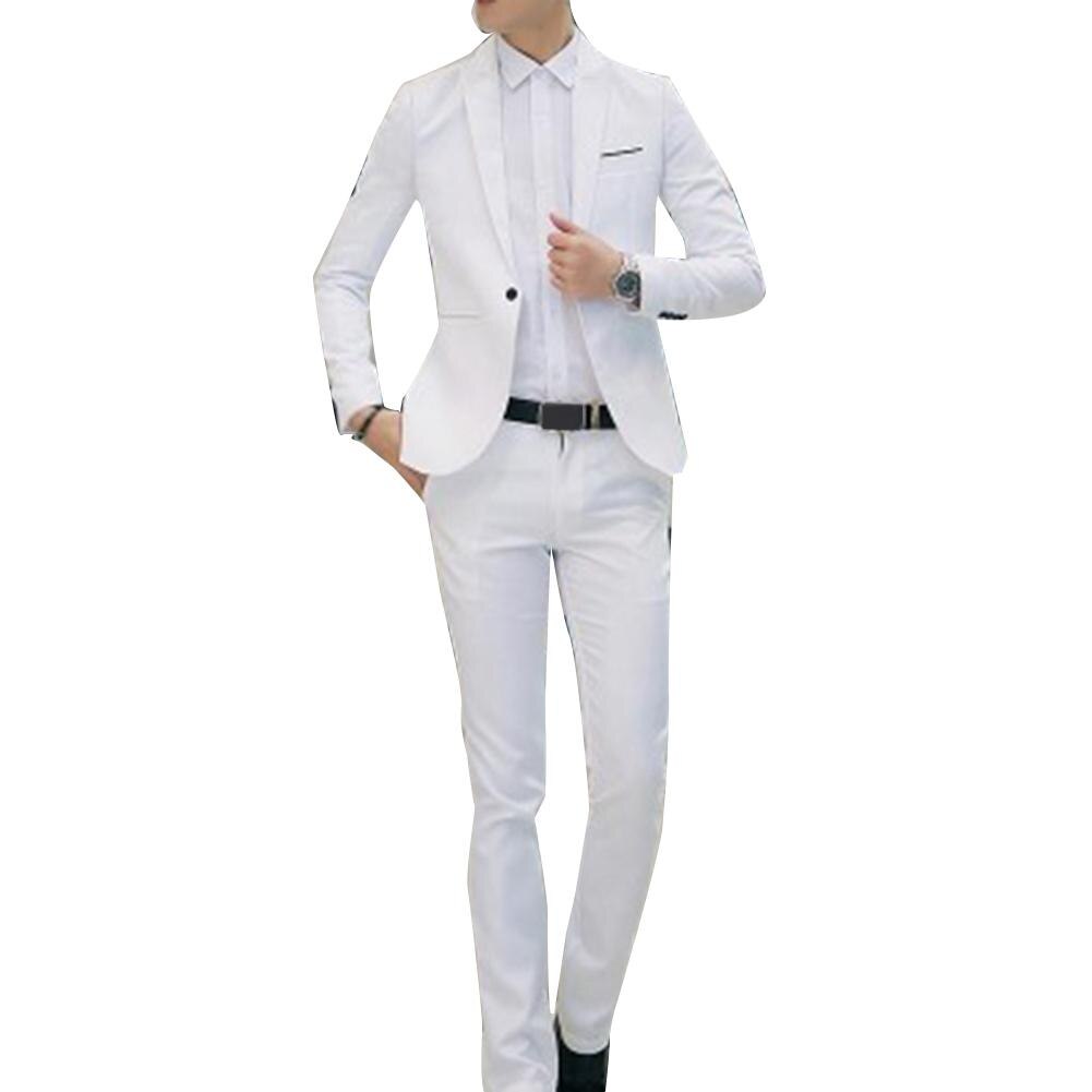 2 Pièces Grande Taille Hommes Couleur Unie À Manches Longues Revers Mince Bouton Costume Homme mariage Bureau Réunion Ensembles Vêtements Pour Hommes: WHITE / L