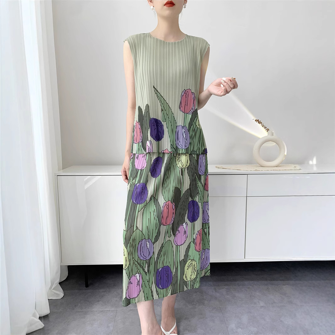 Miyake Wind Plissee Druck Anzug Frauen 2025, Sommer Neue Bequeme Top + Halb Rock Temperament Alterung Anzug: Default Title