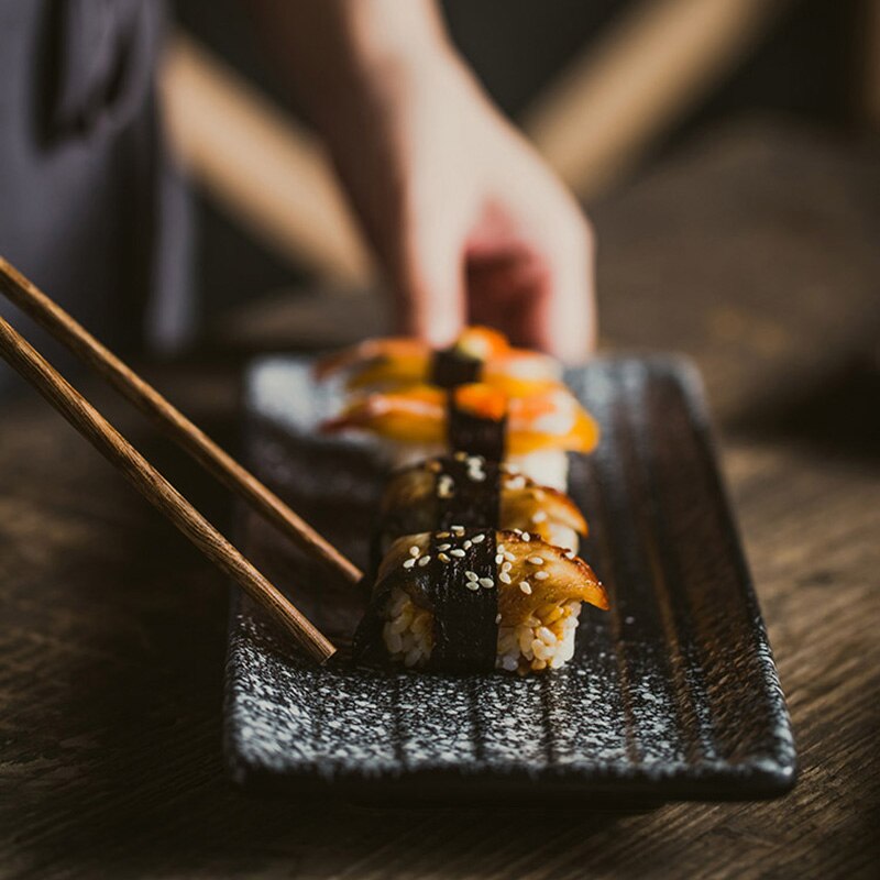 FANCITY plato rectangular para restaurante, plato de cerámica retro, placa con patrón de piedra, plato plano, plato de sushi