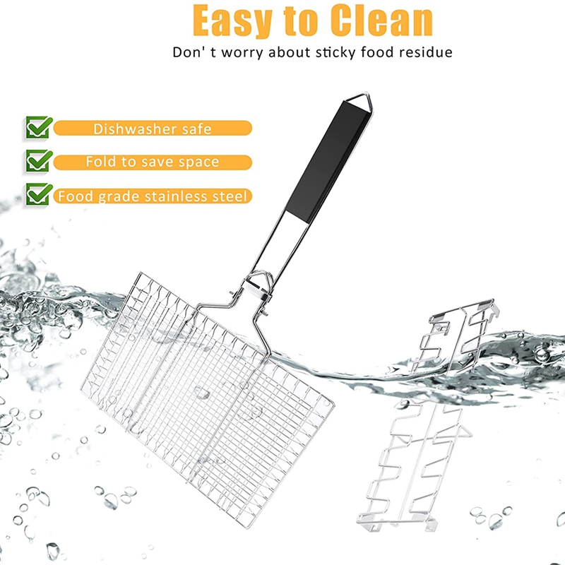 Grill Accessories,Grill Basket,Grill Rack,Portable Folding Stainless Steel Fish Grilling Basket with Removable Handle