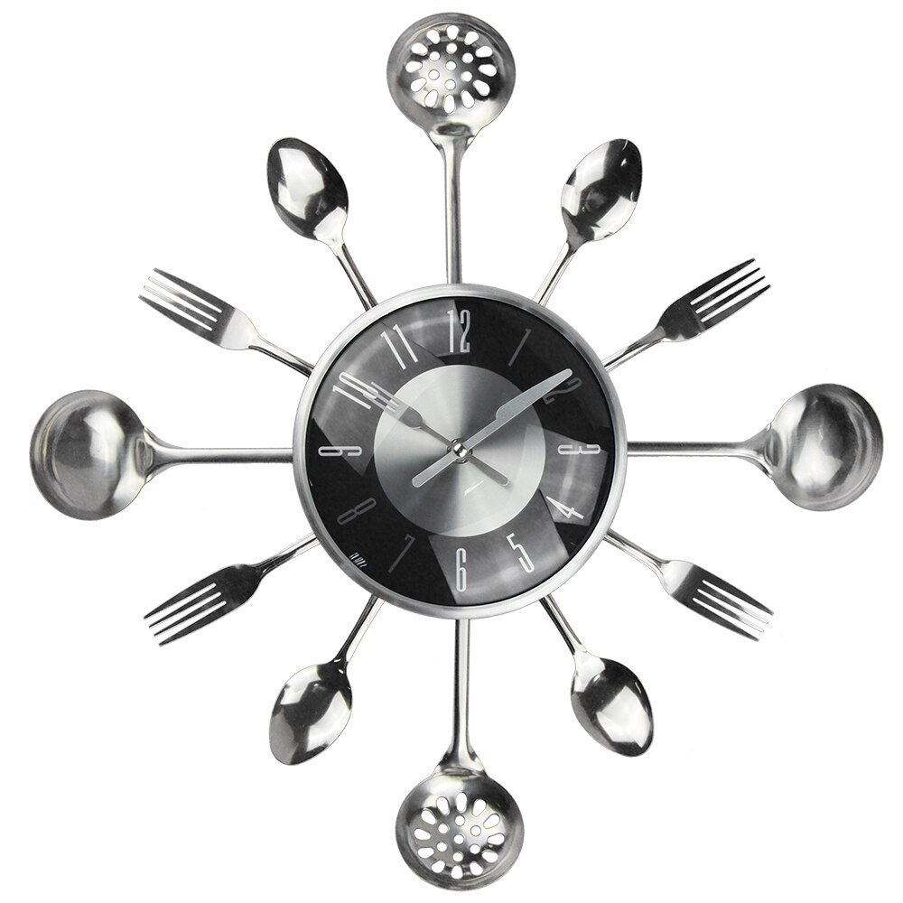 Large Cutlery Kitchen Wall Clock Medern Metal Kitchen Spoon Forks Wall Clocks Home Decor Wall Watch Horloge Murale: black