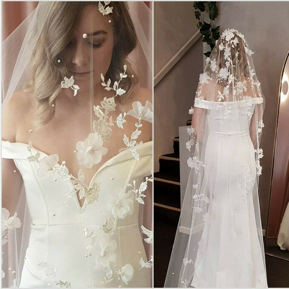 Applikationer bryllup slør 3d blomster perler brudeslør kapel længde brud slør bryllup tilbehør