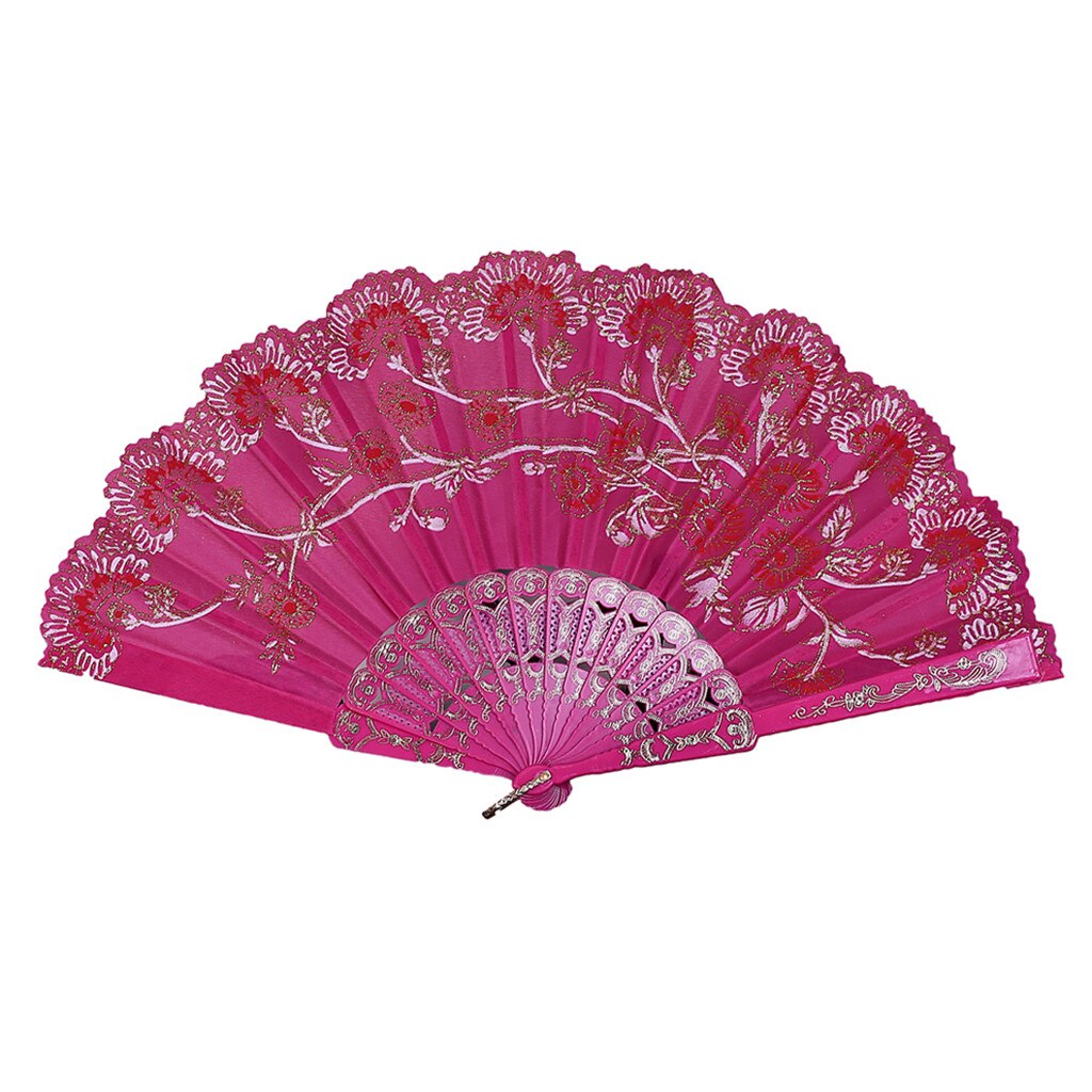 Fãs de flores do vintage bordado estilo chinês dança festa casamento mão fã rendas seda dobrável realizada flores ventilador abanico navio da gota: Hot Pink