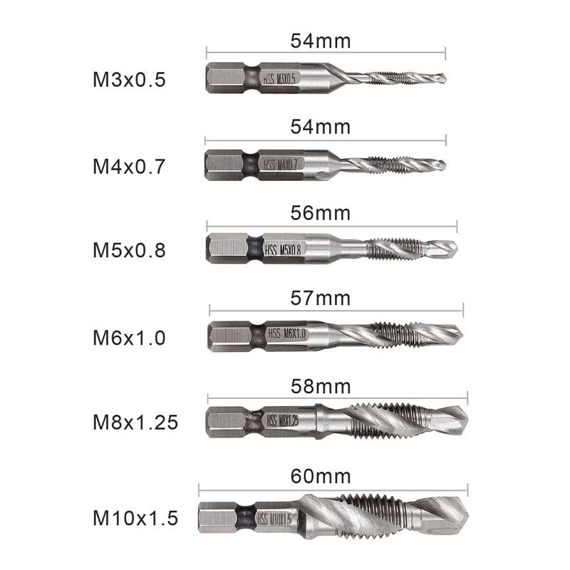 Neoteck 6 stks/set hss Hexagon Hex Metrische boor Tap Countersink Schroefdraad M3 M4 M5 M6 M8 M10 Hand gereedschap Zilver Goud Kleur