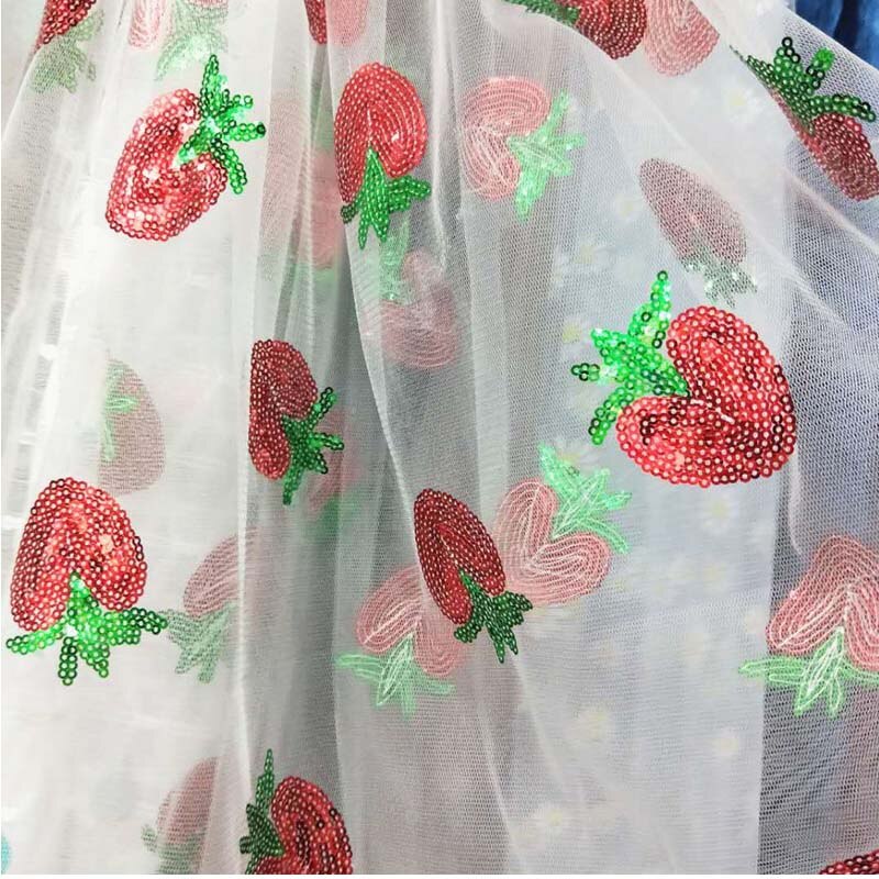 Soft Translucent Sequins Strawberry Embroidery Mesh Fabric for Wedding Party Dress Tulle Stage Garment Diy Sewing Lace Fabric