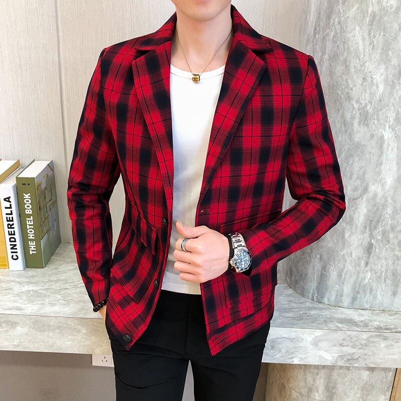 Röd gul rutig retro kavaj hombre för män vintage kostym jacka ledig bröllopsrock affärsman kavaj väst kostym homme: Röd / Koreanska l