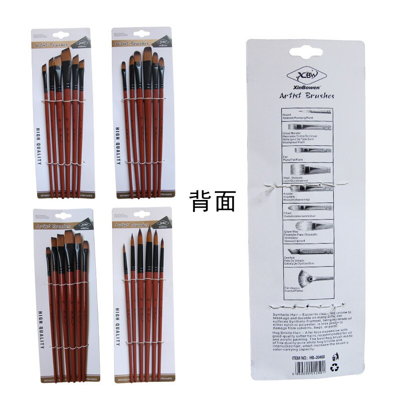 6 Stks/set Nylon Haar Olie Kwast Ronde Hazelaar Angel Platte Acryl Leren Diy Aquarel Pen Voor Kunstenaars Schilders Beginners
