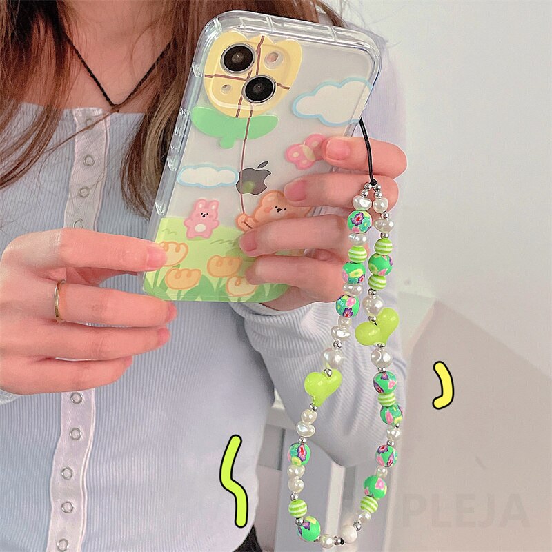 Mode Liefde Hart Mobiele Telefoon Riemen Voor Iphone 11 12 13 Pro Max Armband Hanger Leuke Sleutelhanger Ornament Parel Hand touw Ketting