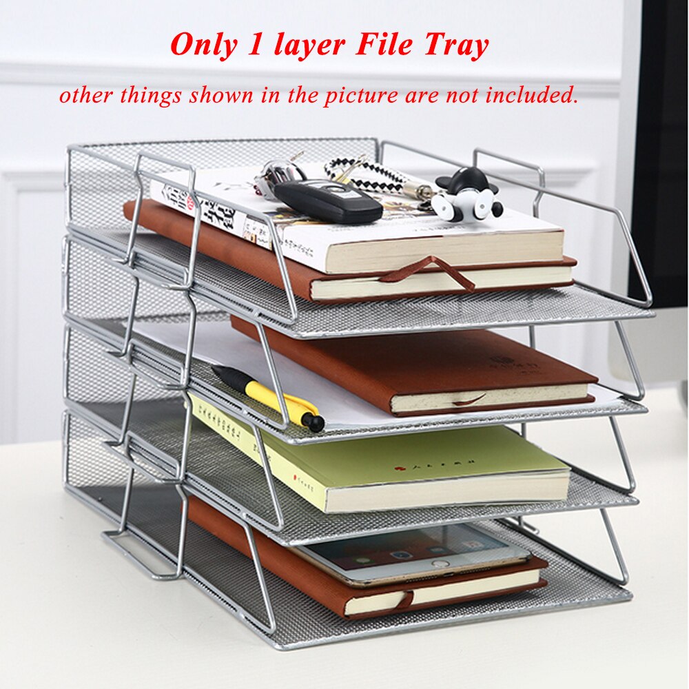 Stackable Iron Mesh A4 Paper Organizer Document File Storage Basket Holder Desktop Office Books Newspapers Magazine Storage Tray: silver