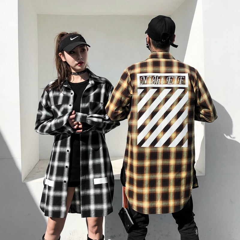Extra lange Hip hop Plaid shirts voor mannen lange mouw voor paar Rood Blauw Geel Zwart Zomer Lente Herfst