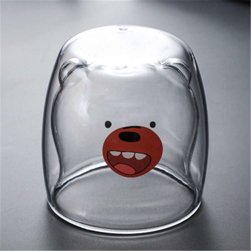 Prevent Scald Cartoon Lovely Double Glass Milk Coffee Cup Kids Party Drinkware Glass Round Mouth Cute Beer Mugs Bear Tea Cups: D