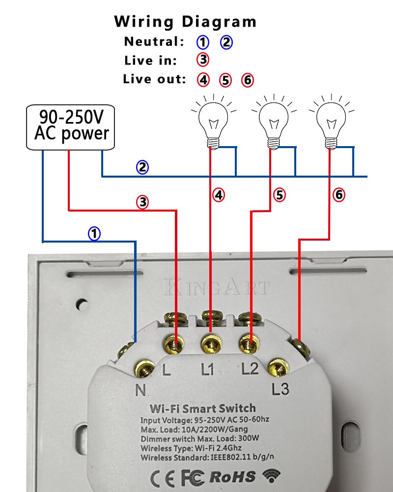 Touch Switch Smart Switch Panel Wall switch 1/2/3 Gang Wifi Light Switch US / EU Standard Work with Alexa Google Home