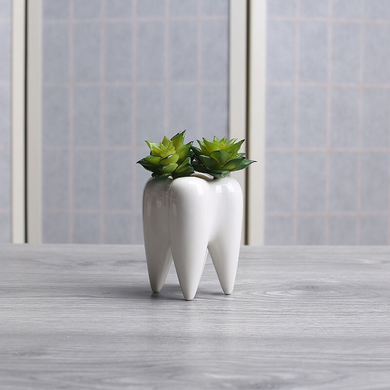 IK Pc Tand Vorm Witte Keramische Bloempot Moderne Planter Tanden Model Mini Desktop Pot (zonder planten)