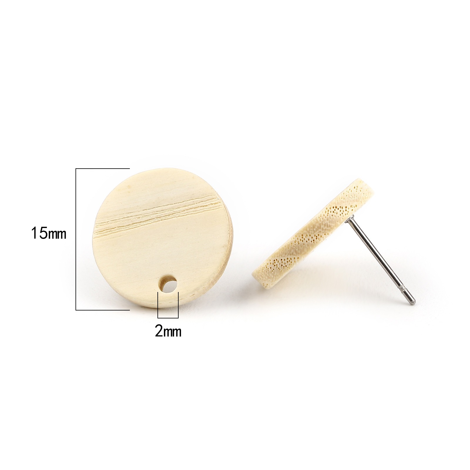 Pendientes de madera con pasador para la oreja, 10 piezas, redondos, de madera Natural, color blanco cremoso con lazo de 15mm de diámetro: Color amarillo dorado claro