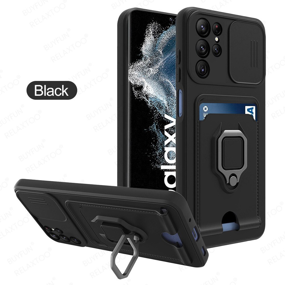 Voor Samsung S22 Ultra Case Push Camera Shockproof Cover Voor SamsungS22 Plus S 22 5G Auto Magnetische Houder Stand card Wallet Fundas: S22 Ultra / Black 1