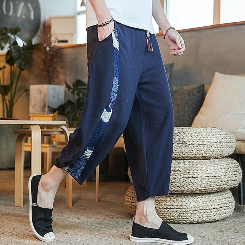 Letnie bawełniane spodnie Kimono męskie patchworkowe luźne spodnie Kimono azjatyckie Streetwear styl orientalny odzież chińskie spodnie męskie FF2965