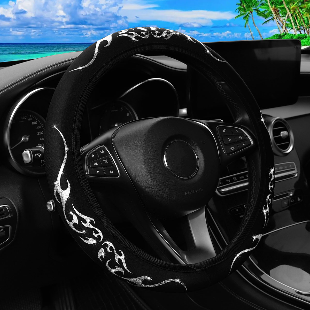 A Blingbling Flame Totem dynamic fabric car without inner ring steering wheel cover fits 14.5-15 inch automotive supplies