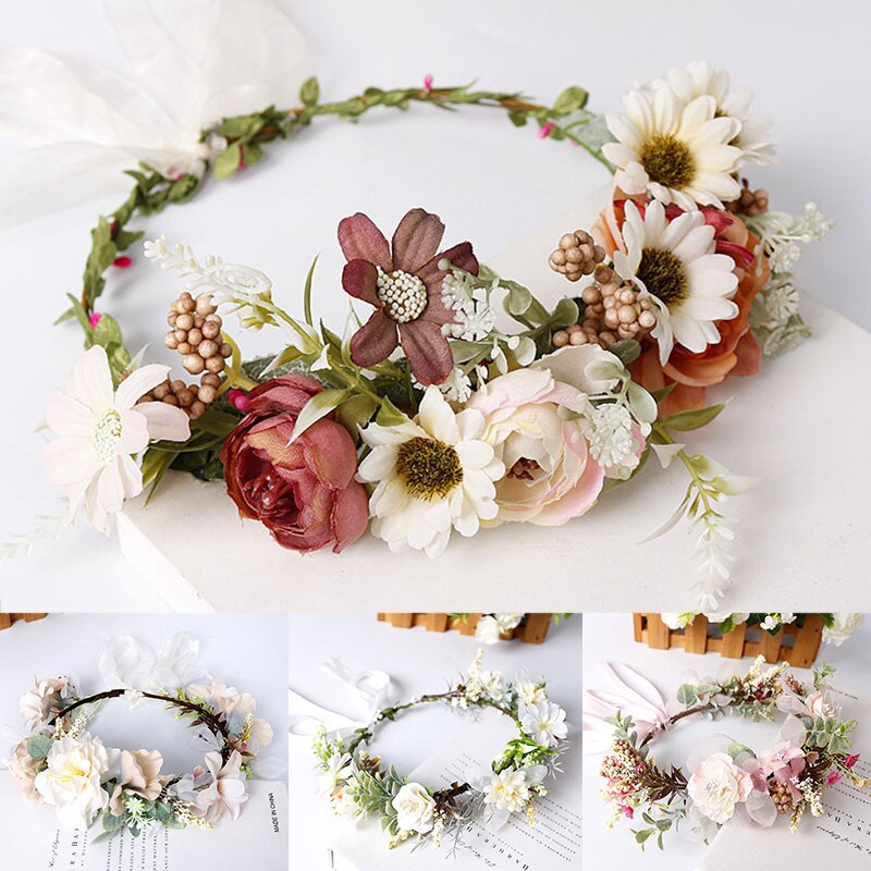 Flower Headband Spring Bohemian Flower Crowns Floral Garland Faux Rose Wedding Wreaths Braided Hair Vine Headpiece Hair Ornament