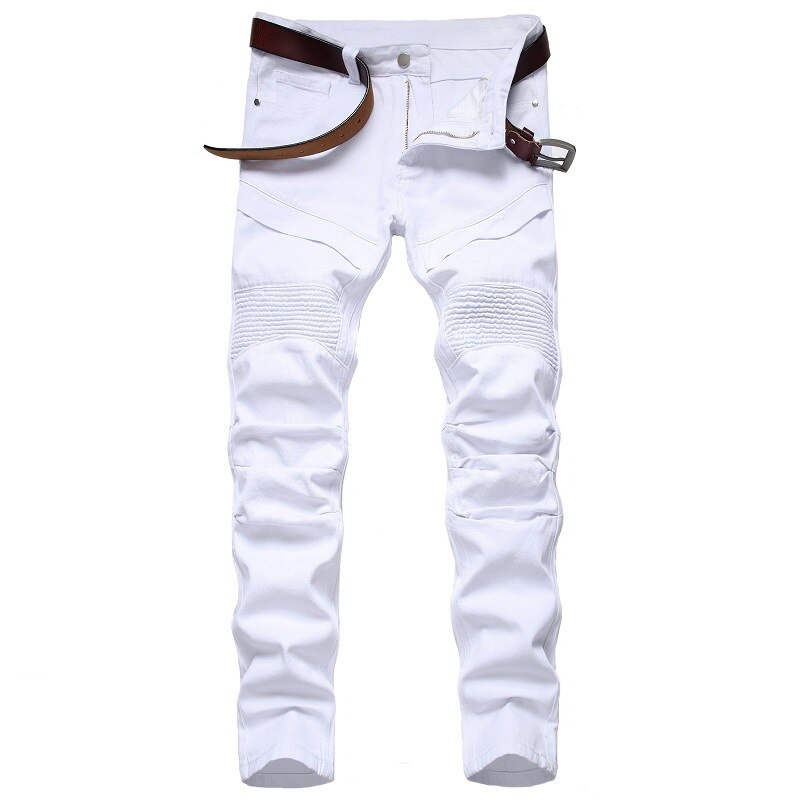 Jeans Men Locomotive Jean Homme Denim Spijkerbroeken Heren Biker Casual Pants Slim Fit Dungarees Pantalon Hombre: White / 42