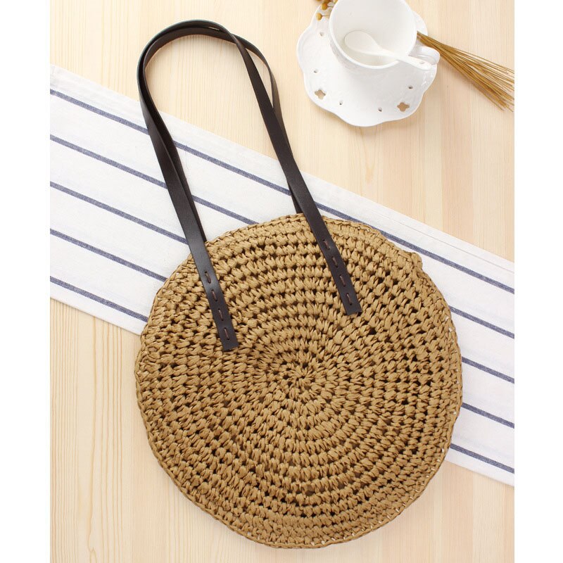 Handmade Round Women Handbag Knitted Straw Bag Bohemian Summer Beach Bags Female Shoulder Bag Hand Woven Circular Tote: Khaki Handbag