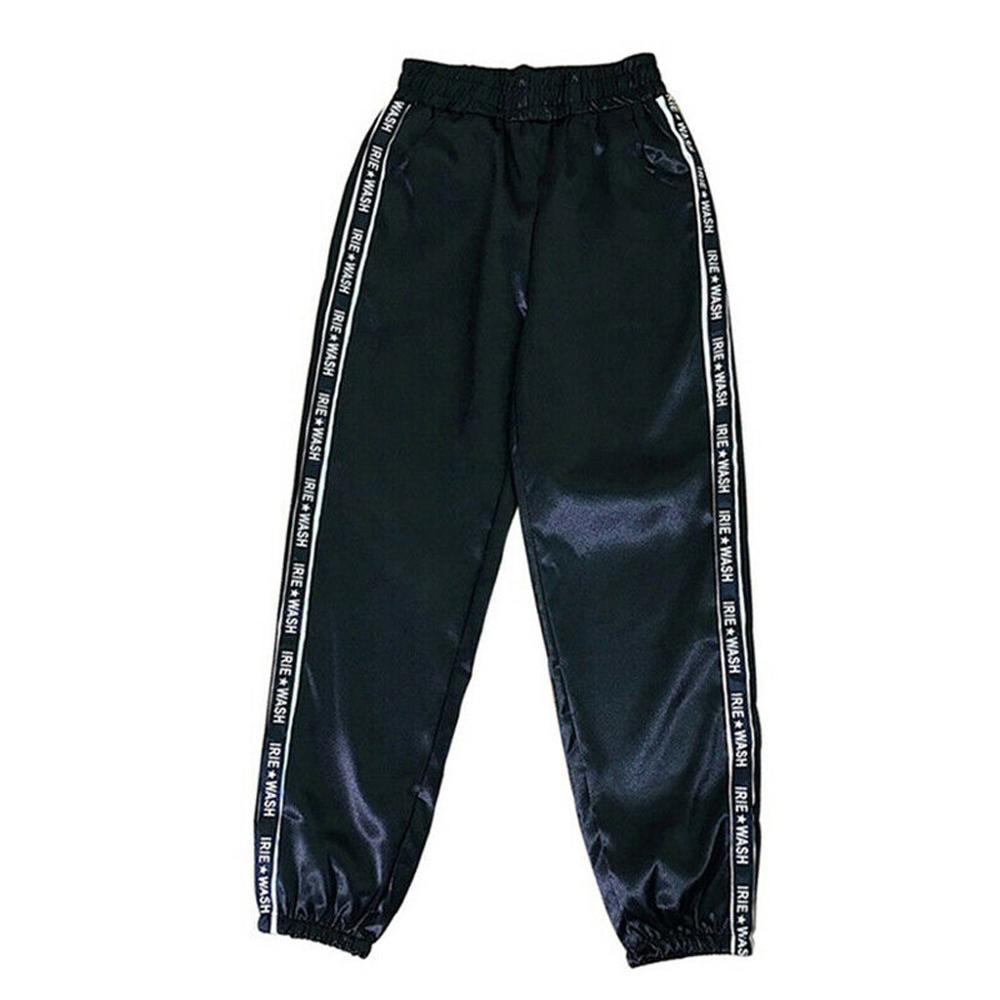 Women Baseball Pants Letter Pocket Elastic Waist Reflective Sport Ribbon Trousers Pants Sweatpants Streetwear: Black / S