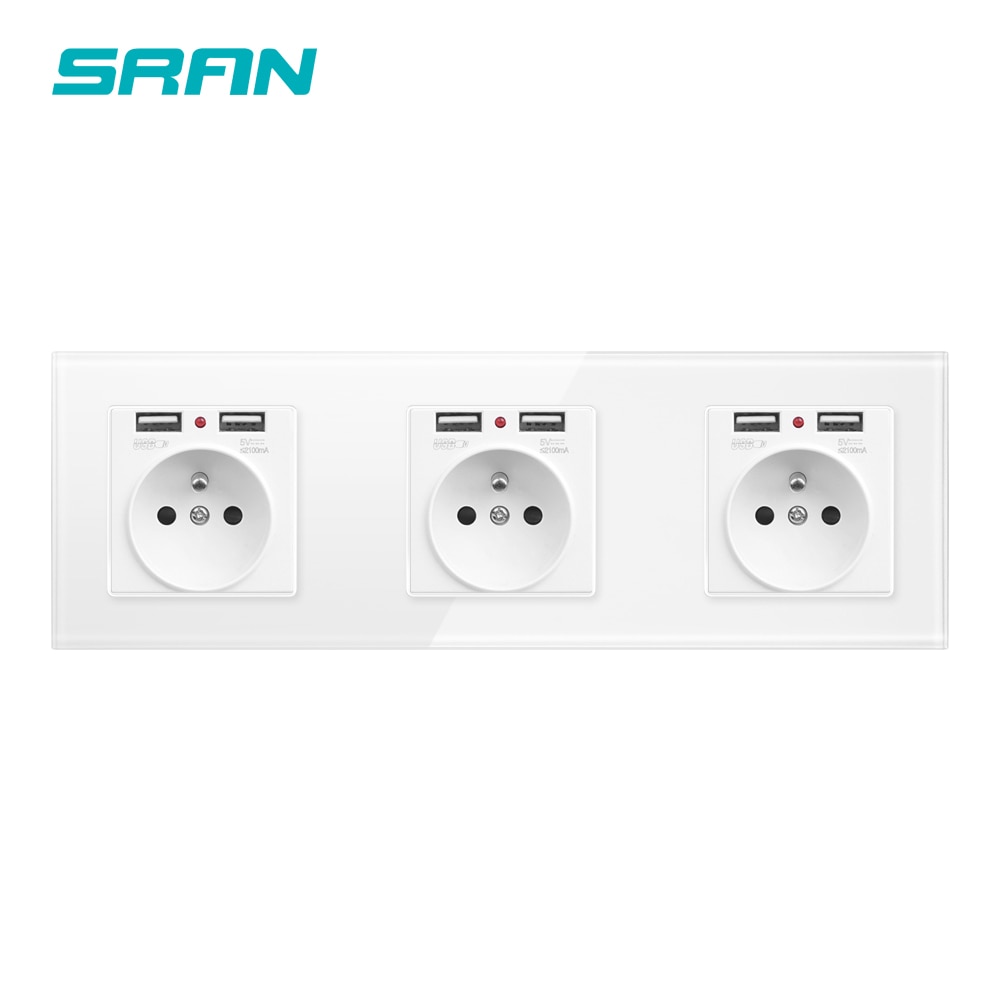 French standard wall power socket with USB socket strip 2/3/4/5 crystal tempered glass material panel luxury townhouse socket