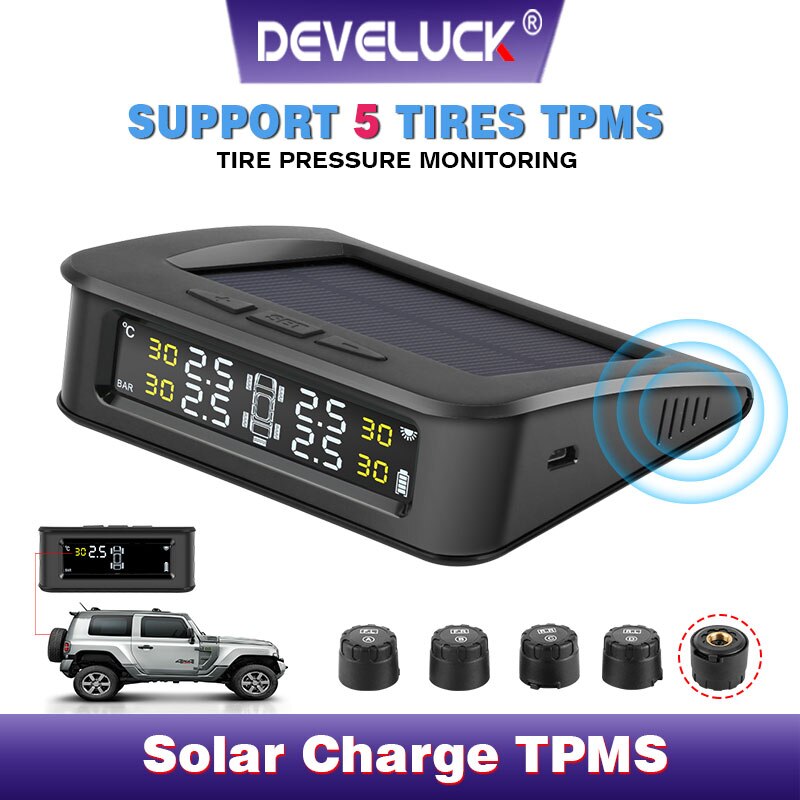 Tpms 5 däck bilsensor trycklarmövervakningssystem visar soltryckskontrollvarning via extern sensor 6 bar usb