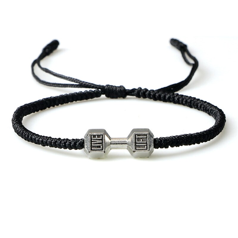 Charme Tibetischen Buddhistischen Woven Hanteln Armbänder &amp; Armreifen Für Frauen Männer Glück Handgemachte Knoten Seil Armband Barbell Bead Schmuck: Black-silver