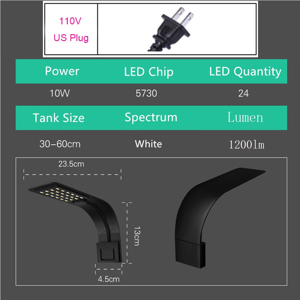 Super Heldere Led Aquarium Verlichting Led Planten Groeien Licht 5W/10W Aquatische Zoetwater Lampen Waterdicht Clip Op lamp Voor Aquaria: X5 B-W US Plug