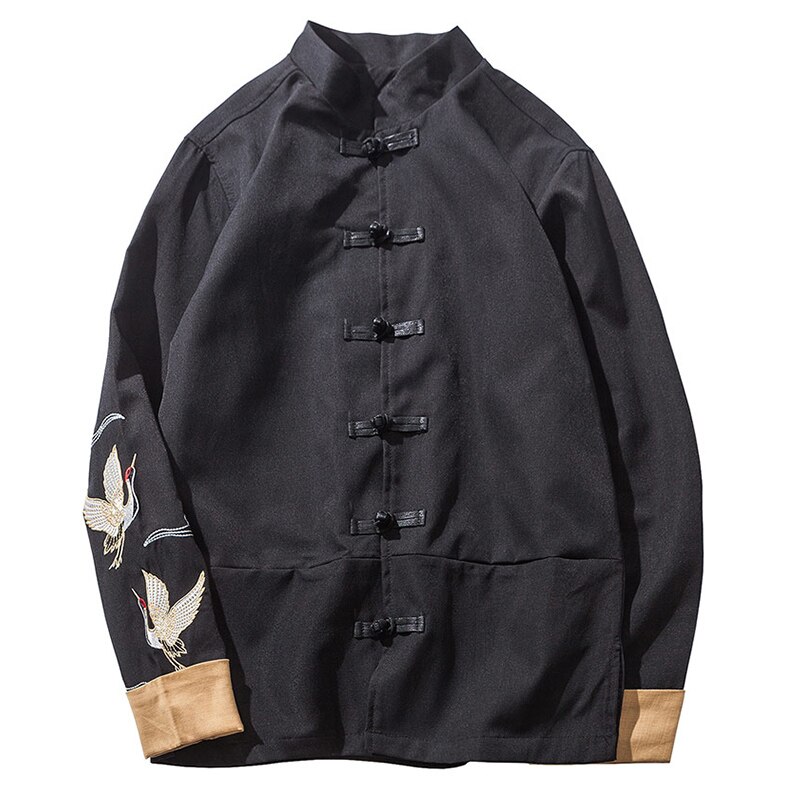 Red-Crowned Crane Embroidery Men Black Tang Jacket Chinese Style Mandarin Collar Mens Suit Jacket Frog Closures Man Coat: XXL