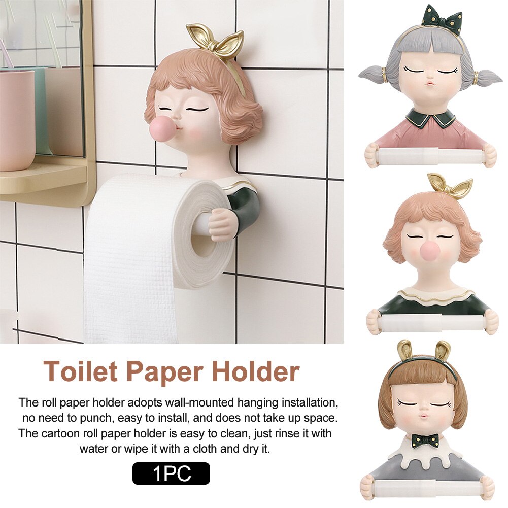 Bathroom Wall Mounted Roll Tissue Storage Organizer Punch Free Cartoon Home Toilet Paper Holder Hotel Cute Girl Self Adhesive