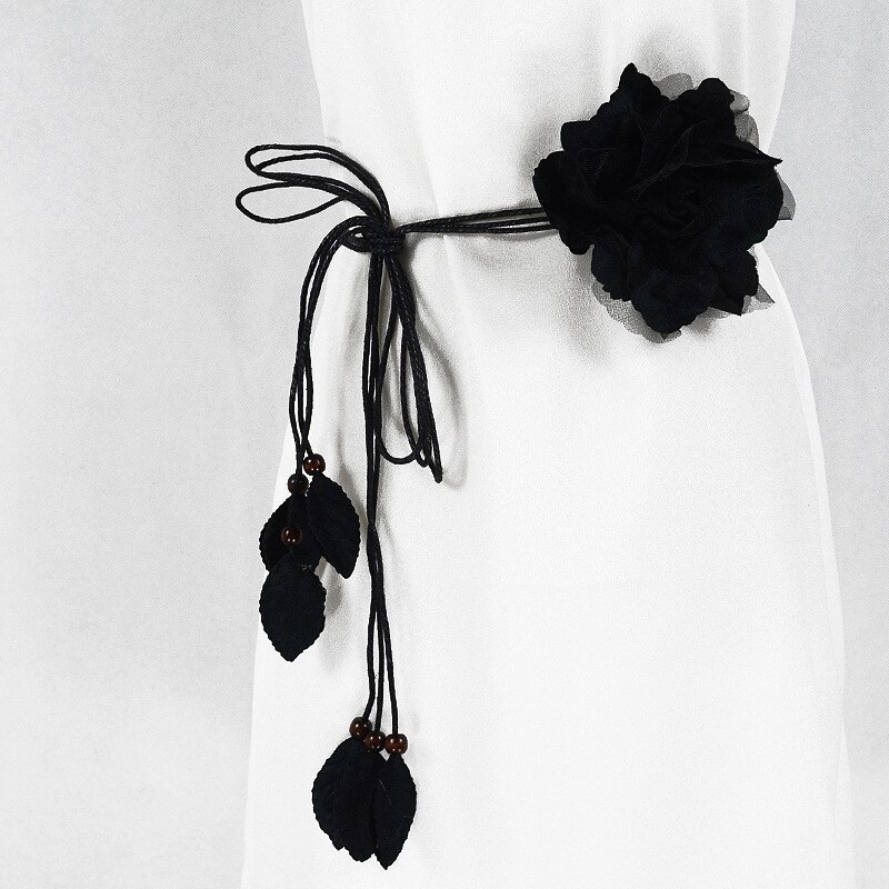 Ceinture longue en mousseline de soie pour femmes, avec pompon décoratif, grande fleur, fine, coréenne, nouée: Black