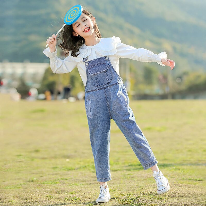 Jeans per ragazze di 4-15 anni 2020 nuova primavera autunno ragazzi pantaloni per ragazze pantaloni in Denim con bretelle abbigliamento per bambini 4-15 anni: 120cm
