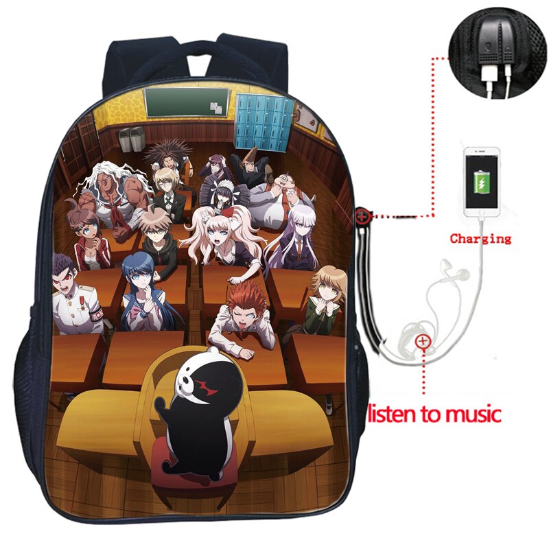 Danganronpa-mochila con carga USB para hombre y mujer, morral escolar de , bolso de viaje a la , mochila bonita para estudiantes: 8