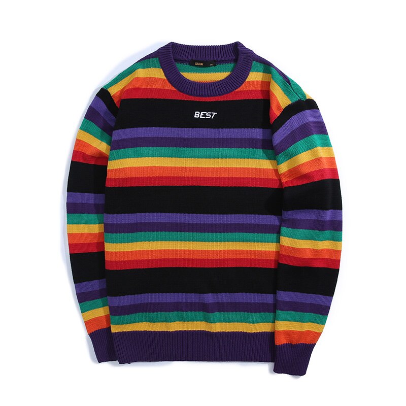Regenboog Ronde Hals Trui Mannen Gxxh Herfst Winter Plus Size Heren Jumpers Gebreide Kleding Mode Gestreepte Oversized Trui Mannelijke: 4XL
