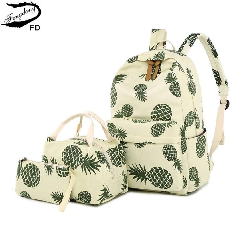 FengDong 3 teile/satz nette ananas druck rucksack kinder schule taschen für mädchen stift bleistift tasche kind mädchen schule rucksack set: ivory