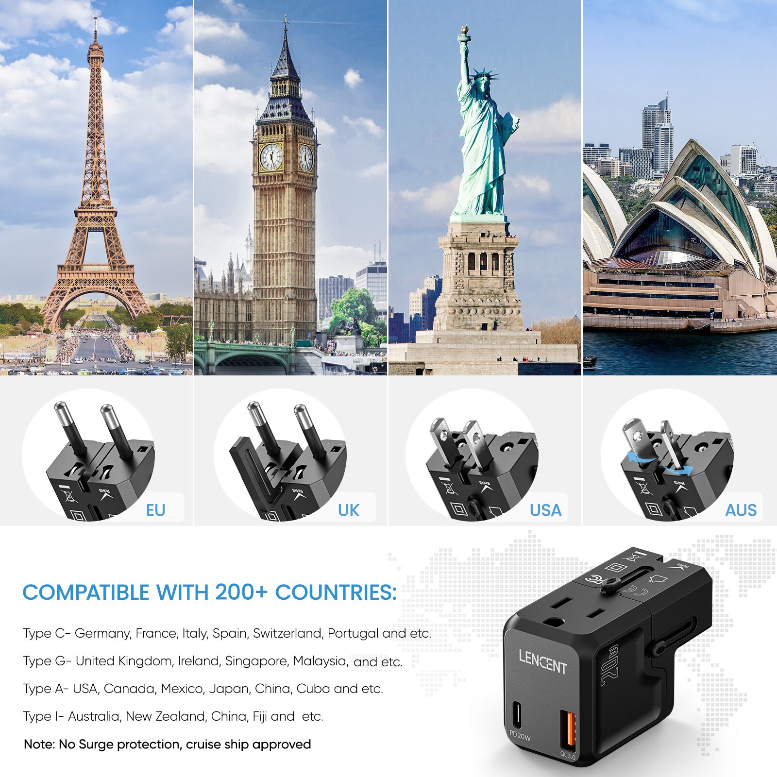 Lencent universal reiseadapter med 1 ac uttak 20w 1 usb  qc 3.0 port og 1 pd hurtiglader, strømadapter for usa, eu, storbritannia og australia