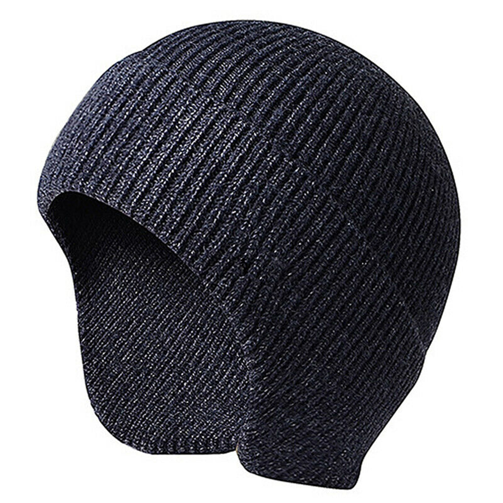 Mænd kvinder efterår afslappet vinter varm blød beanie øreklap strik hue studerende arbejde ski udendørs stretch solid: Flåde