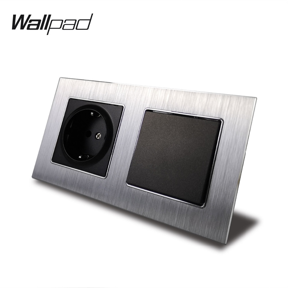 Metal EU 1 Gang Light Switch and Socket Wallpad 156*86mm Satin Panel 16A Schuko EU Power Socket 2 Way Switch with Clips Mounting