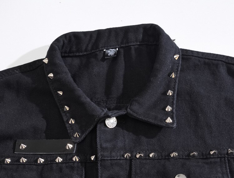 Menns ermeløs denimjakke svart med nitte jakkelomme enkeltspent kul personlighet vest
