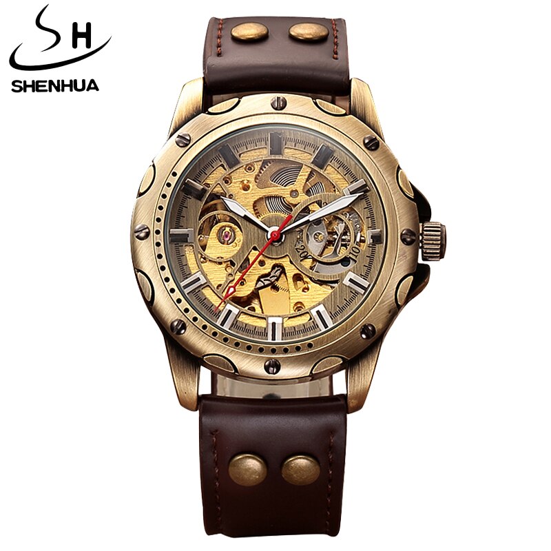 Horloge Mannen Mechanische Automatische Horloge Steampunk Skeleton Self Kronkelende Heren Horloge Retro Lederen Horloge Mannelijke Klok Montre Homme