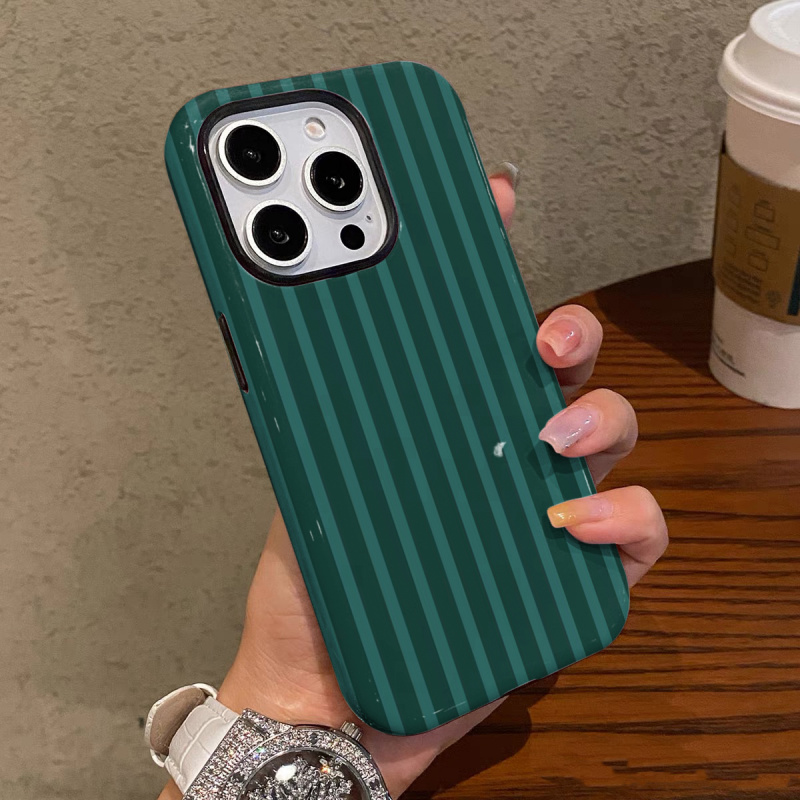 Dark green thin stripes Phone Case suitable for iPhone 17 16ProMax 15 14 14 12mini 7Plus XR 2in1 tough glossy case