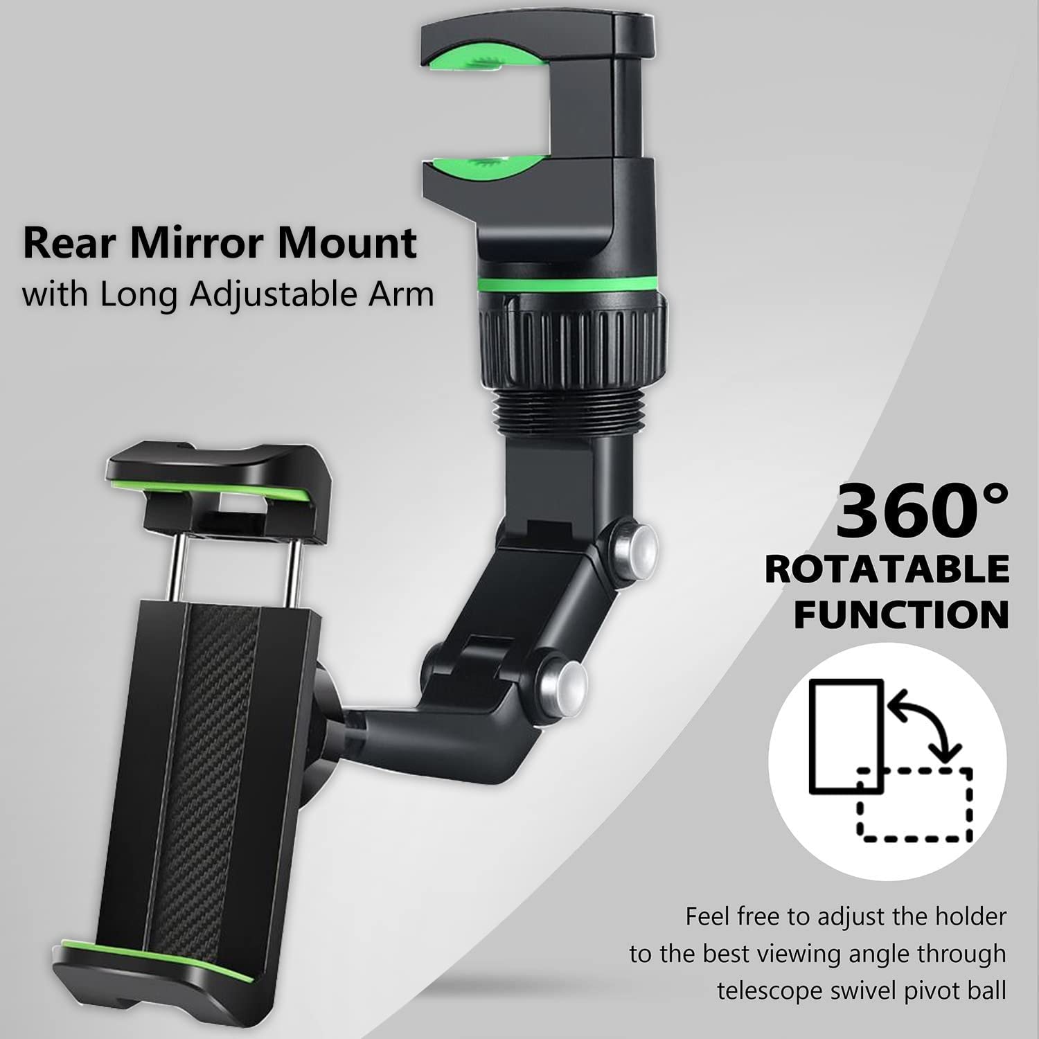 Soporte para teléfono con espejo retrovisor para coche, 360 ° Soporte giratorio para teléfono, soporte universal para teléfono de coche con soporte para GPS para todos los teléfonos inteligentes