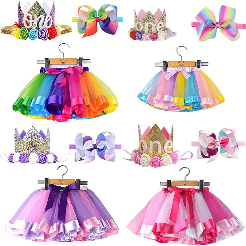 Baby Girl Bow-knot Headband 1 Set Party Dance abbigliamento per bambini 3-7 anni Rainbow Princess Tutu Skirt Tulle Skirt Suit