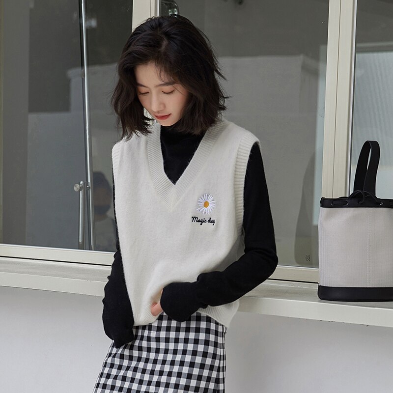 Jesienno-zimowa sweter kamizelka damska dekolt w serek dziergane litery z kwiatowym nadrukiem kamizelka damska bez rękawów luźne damskie kamizelki dzianinowe swetry