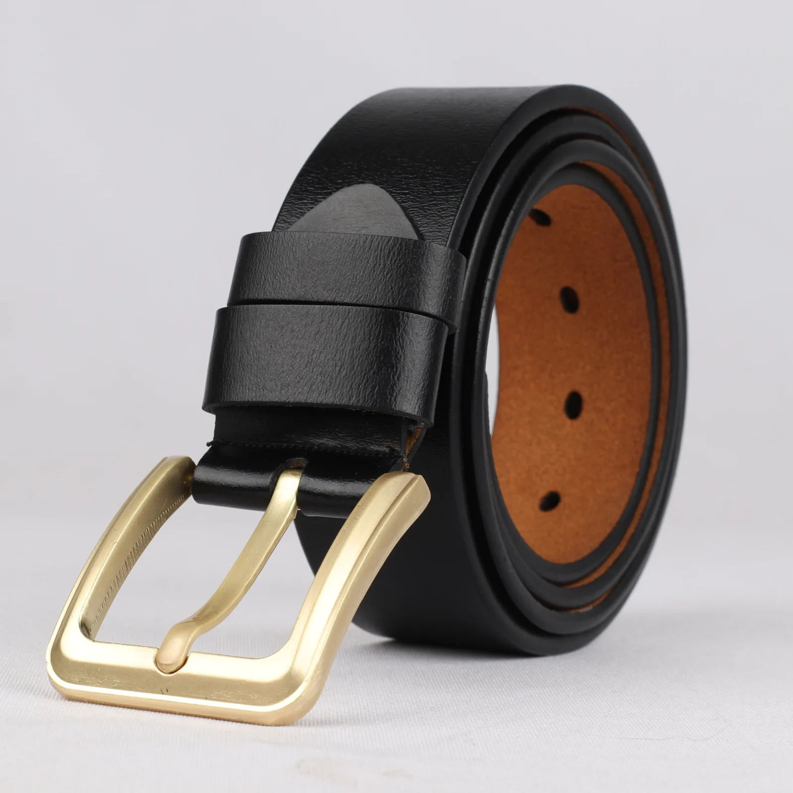 Cinturones grandes de talla grande para hombres y mujeres, correa de cintura de cuero genuino de vaca, hebilla de Pin de aleación dorada, de de lujo, 140, 150, 160cm: Negro / 125 cm