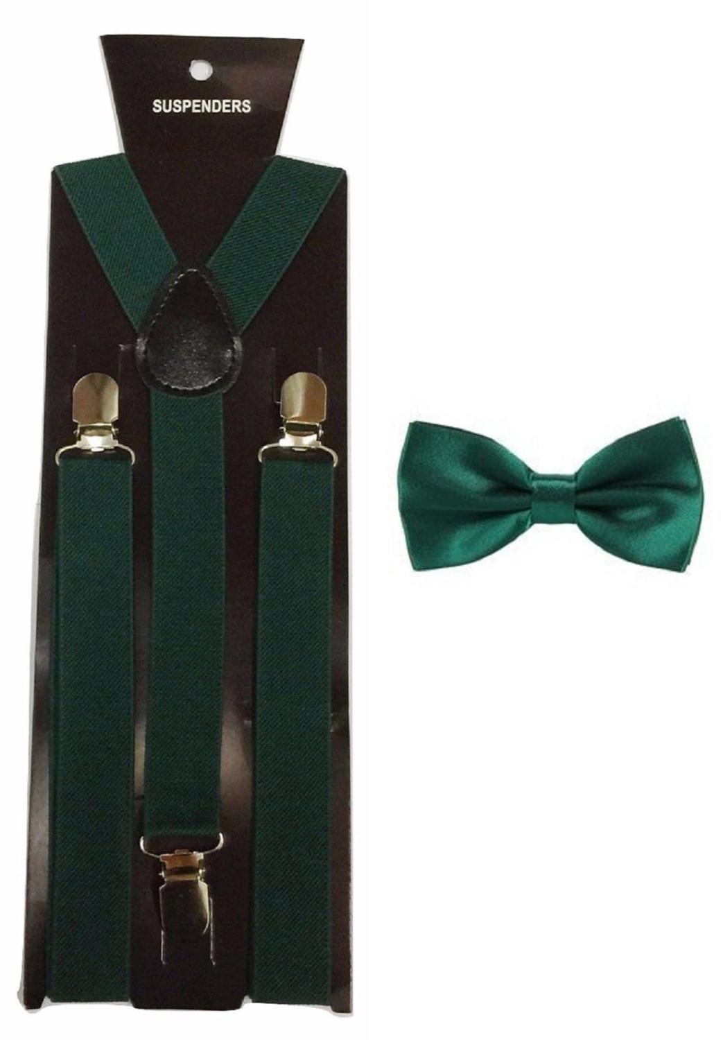 Men's Adult Matching Suspenders Braces & Pre-Tied Bow Tie Combo Sets Fancy Costume: Dark green