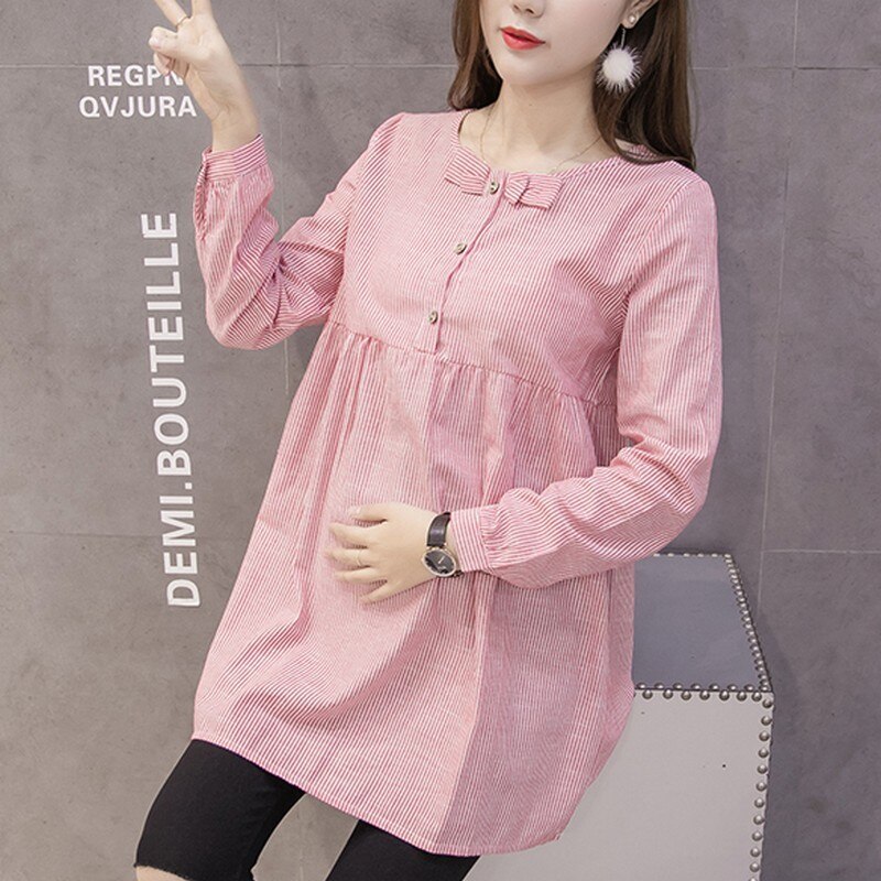 Mulheres grávidas camisa arco primavera de manga comprida grávida camisa feminina moda listrado roupa de maternidade casual m xxl xxl